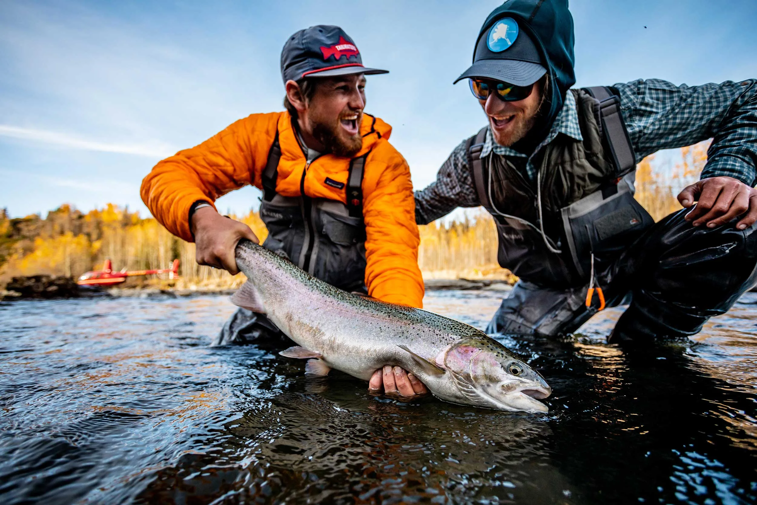 Anglers and helicopter at a remote Kenai Peninsula steelhead river